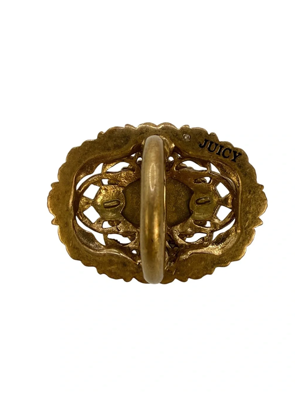 Vintage Juicy Couture Filigree Gold Tone Ring with Coral Cabochon Statement Ring